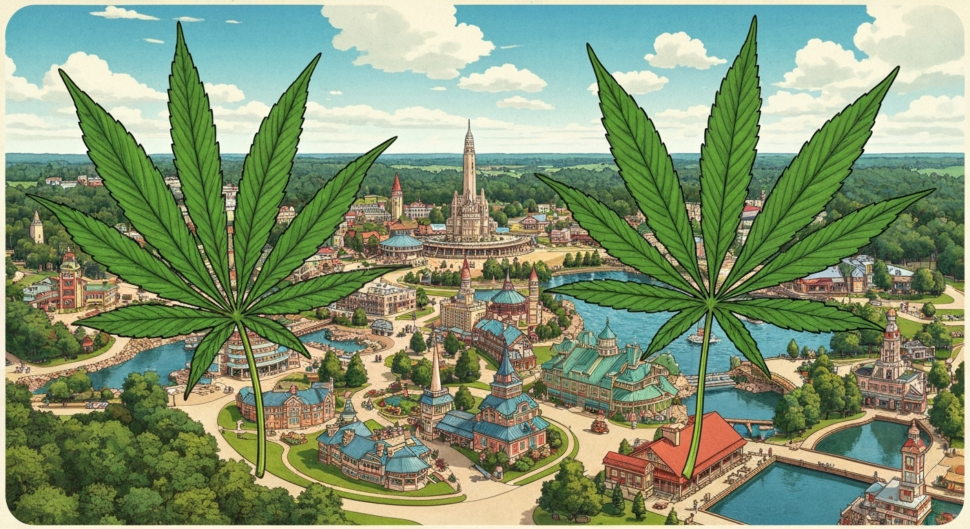 Cannabis leaves and Wisconsin Dells landmarks